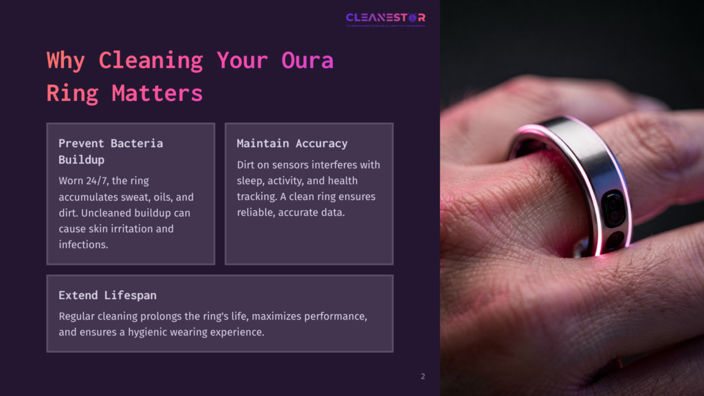 A Hand Wearing A Silver Oura Ring Against A Dark Background, With Text Boxes Highlighting The Importance Of Cleaning The Ring.