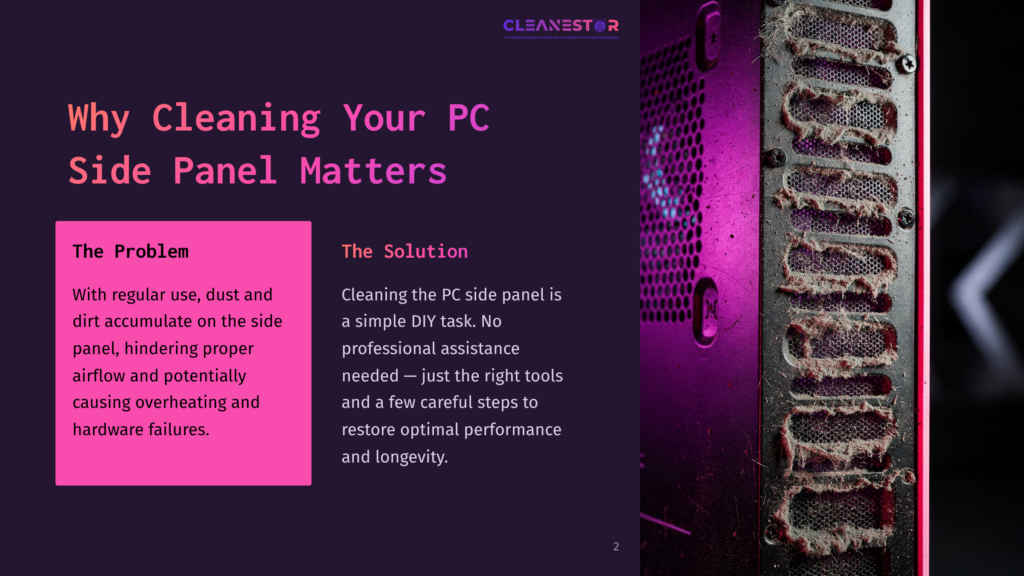 Close-Up Of A Dusty Computer Tower Side Panel, Showing Thick Layers Of Dust Accumulated On The Fan Grills And Vents, With A Purple Light Emanating From Within.