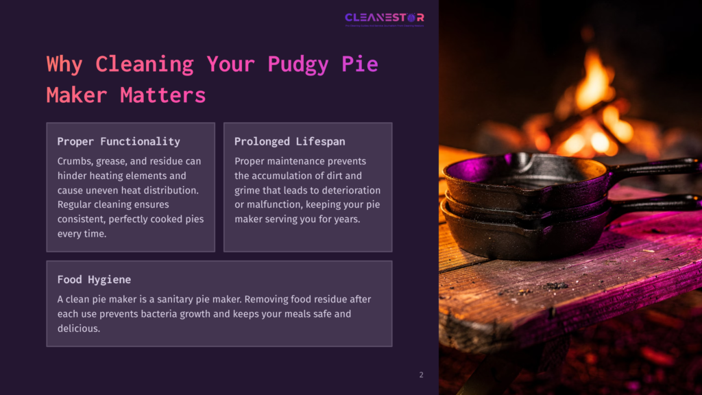 Two Cast Iron Pie Makers Sit Stacked On A Rustic Wooden Surface Next To A Crackling Campfire. The Text Overlay Reads &Quot;Cleanestar&Quot; And &Quot;Why Cleaning Your Pudgy Pie Maker Matters.