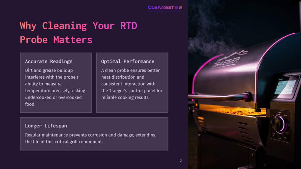 A Close-Up Of A Traeger Grill With Steam Rising, Showing The Control Panel With Text &Quot;Cleanestor&Quot; And Grill Settings. The Text Overlay Reads &Quot;Why Cleaning Your Rtd Probe Matters&Quot; With Sections On Accurate Readings, Optimal Performance, And Longer Lifespan.