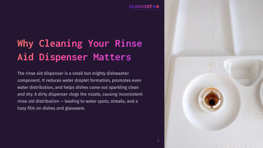 Close-Up Of A White Rinse Aid Dispenser In A Dishwasher, Highlighting The Opening And Surrounding Area, With Purple And Black Text Alongside.