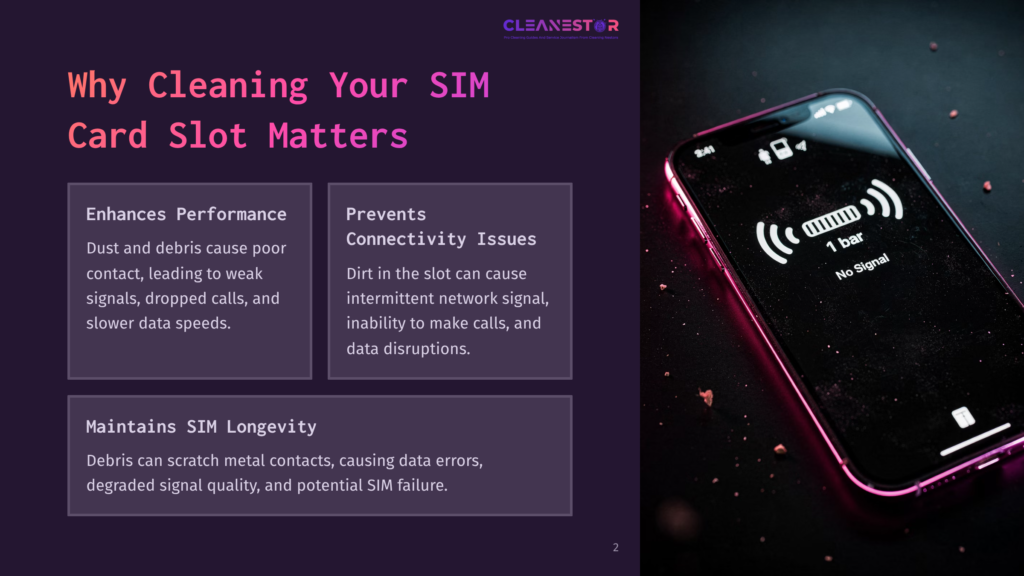 2 Why Cleaning Your Sim Card Slot Matters A Sleek Smartphone With A Black Screen Displaying A &Quot;No Signal&Quot; Icon, Alongside Text Boxes Highlighting Sim Card Maintenance Benefits.