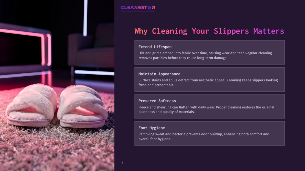 2 Why Cleaning Your Slippers Matters Fluffy White Slippers Rest On A Textured Grey Rug, With A Blurred Background Featuring A Dark Couch And Neon Pink Lights. Text On The Right Reads &Quot;Cleanestor&Quot; And &Quot;Why Cleaning Your Slippers Matters.