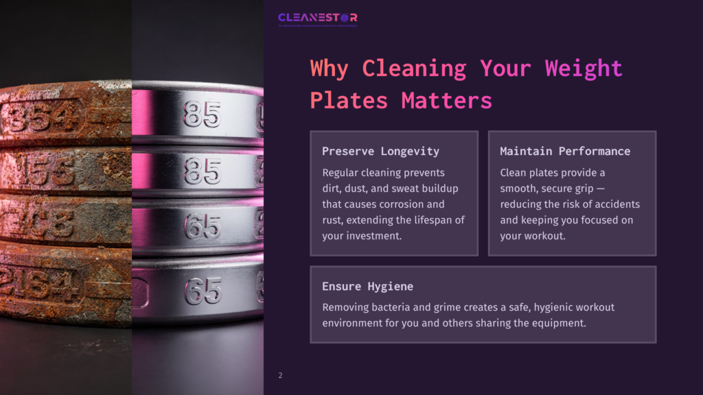 Close-Up Of Metal Weight Plates Stacked, Showcasing Various Weights And A Metallic Finish, With Text Highlighting Cleaning Benefits And Hygiene.