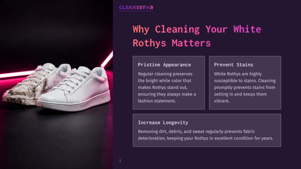 2 Why Cleaning Your White Rothys Matters A Pair Of White Rothy'S Shoes, One Pristine And The Other Visibly Dirty, Are Displayed Against A Dark Background With Neon Pink Light Accents. The Image Highlights The Importance Of Cleaning White Rothy'S For Maintaining Their Appearance And Longevity.