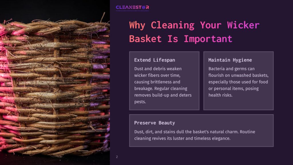 Close-Up Of A Rustic Wicker Basket With Visible Texture And Dust, Illuminated By Soft Pink And Purple Lighting. The Text &Quot;Why Cleaning Your Wicker Basket Is Important&Quot; Is Overlaid On A Dark Background.