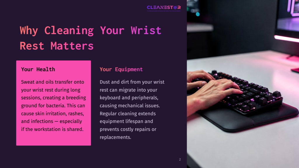 Close-Up Of A Hand On A Keyboard Beside A Wrist Rest; Background Features Bold Purple Text Emphasizing The Importance Of Cleaning.