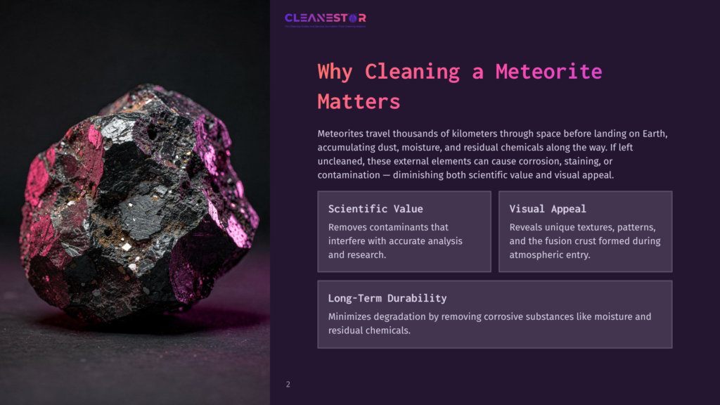 A Dark, Shiny Meteorite With Purple Hues On A Contrasting Background, Accompanied By Text Boxes Detailing Its Cleaning Benefits.