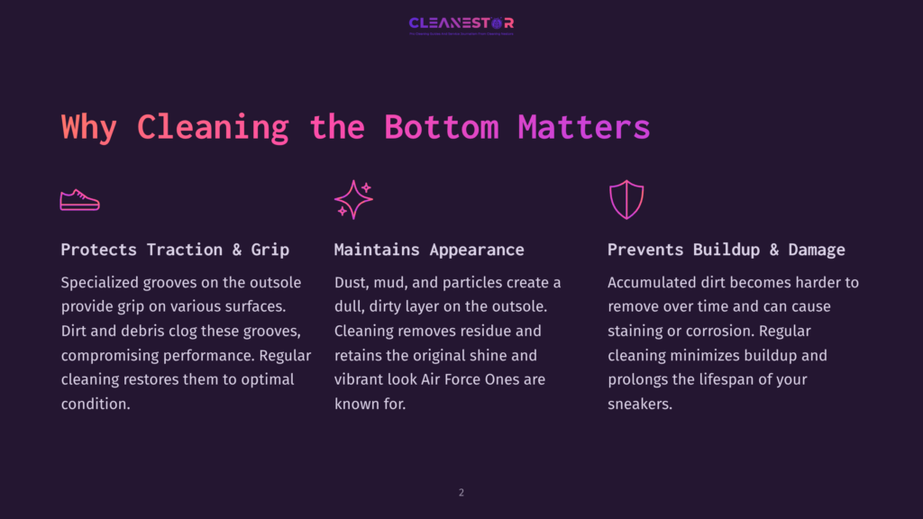 Graphic With Text &Quot;Why Cleaning The Bottom Matters&Quot; And Three Icons Illustrating Protection, Maintenance, And Prevention. Text Details Benefits Like Protecting Traction, Maintaining Appearance, And Preventing Buildup And Damage To Sneakers.