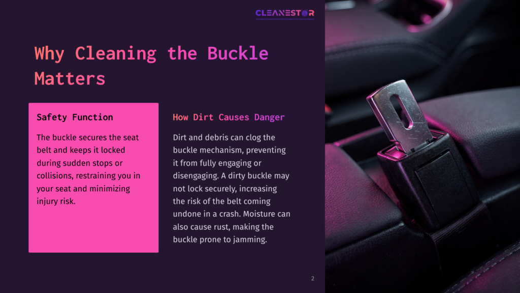 Close-Up Of A Black Seat Belt Buckle In A Vehicle, With A Metallic Latch Partially Visible, Against A Dark Interior Backdrop.