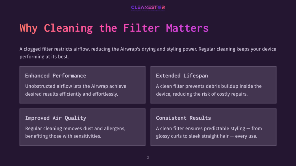 Four Purple And White Boxes Highlight The Benefits Of Cleaning The Dyson Airwrap Filter, Including Performance, Lifespan, Air Quality, And Results.