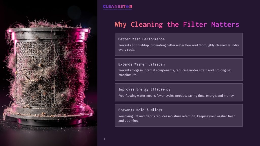 A Dirty Washer Filter Filled With Lint And Debris, Set Against A Dark Background With Pink Lighting, Highlighting The Importance Of Cleaning.