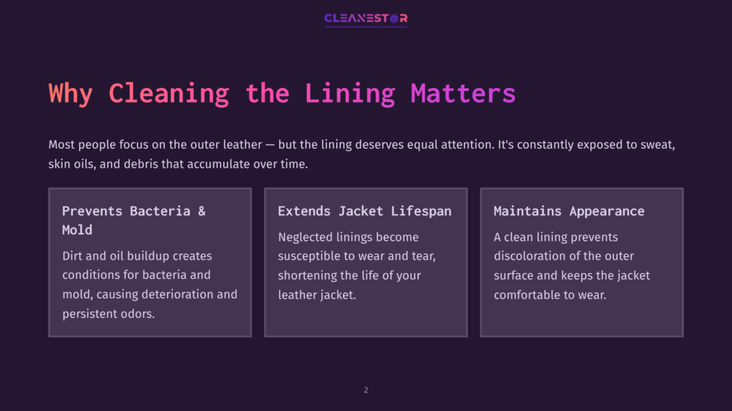 Infographic Titled &Quot;Why Cleaning The Lining Matters&Quot; With Three Columns: &Quot;Prevents Bacteria &Amp; Mold,&Quot; &Quot;Extends Jacket Lifespan,&Quot; And &Quot;Maintains Appearance.
