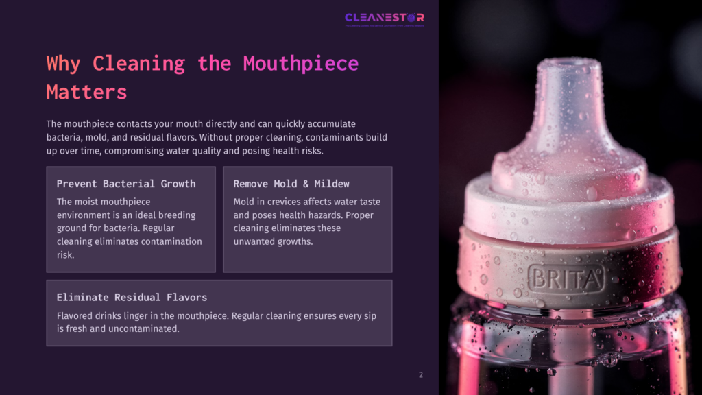 Close-Up Of A Brita Water Bottle Mouthpiece With A Soft Pink Background, Highlighting Text About Cleaning And Maintaining Hygiene.