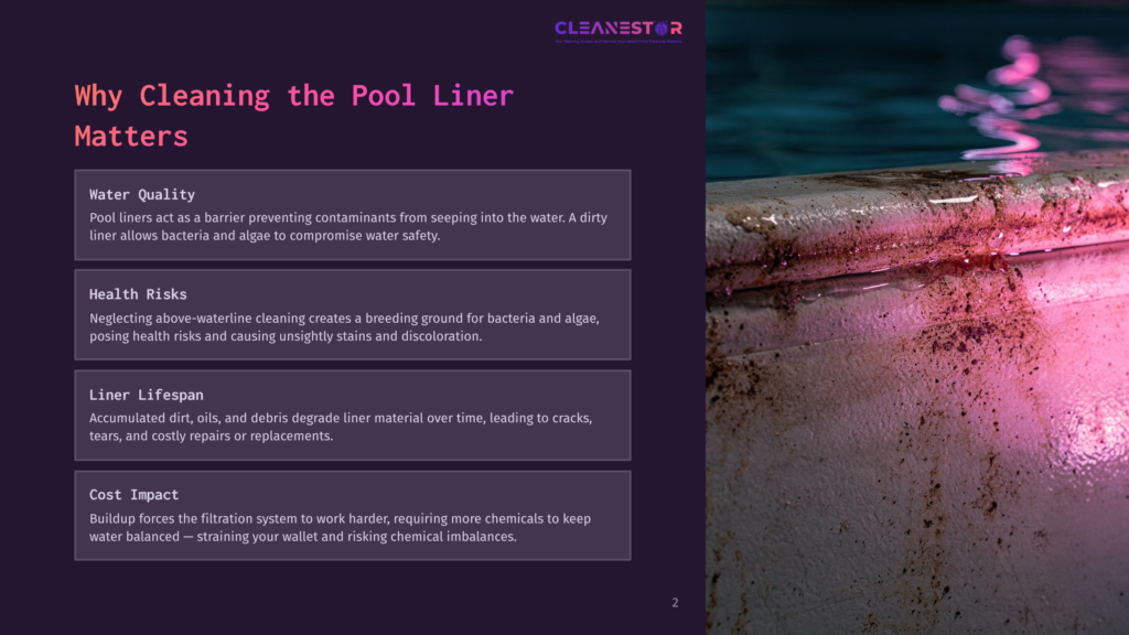 2 Why Cleaning The Pool Liner Matters Close-Up Of A Dirty, Pink-Tinged Pool Liner Edge With Visible Algae And Grime, Suggesting The Need For Pool Liner Cleaning And Maintenance.