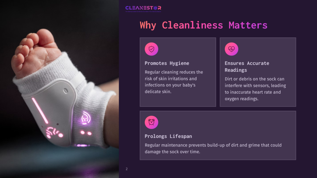 A Baby'S Foot Wearing A White Owlet Sock With Glowing Sensors, Alongside Text Boxes Explaining The Importance Of Cleanliness.