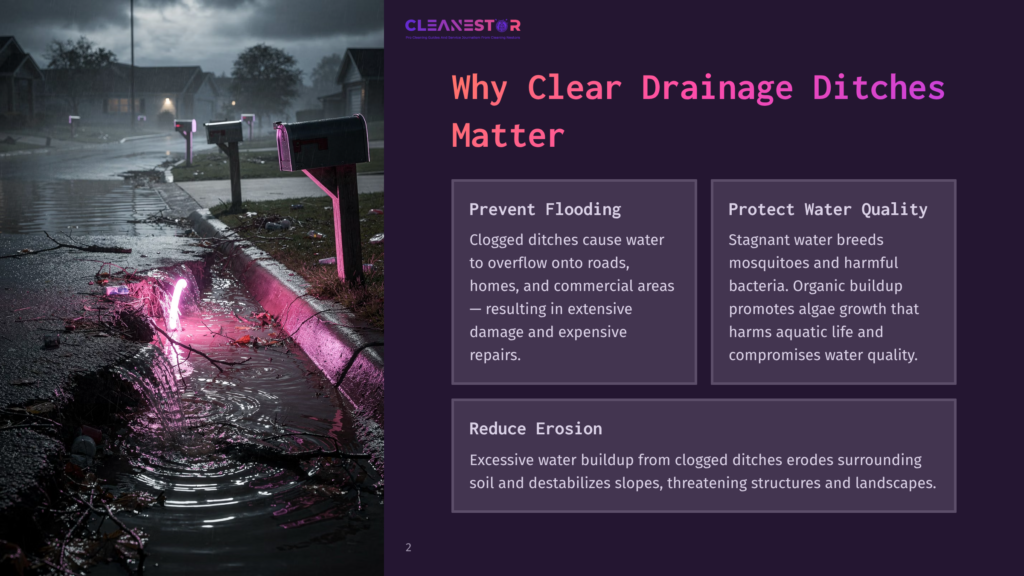 2 Why Clear Drainage Ditches Matter A Flooded Suburban Street With Overflowing Drainage Ditches, Illuminated By A Pink Glow From A Clogged Storm Drain. Text Overlay Reads &Quot;Cleanestor&Quot; And &Quot;Why Clear Drainage Ditches Matter&Quot;.