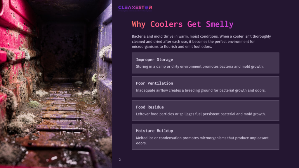 A Close-Up View Of A Dirty Cooler Interior Showing Moldy Residue, With Purple And Dark Grey Tones, Highlighting Unclean Areas.