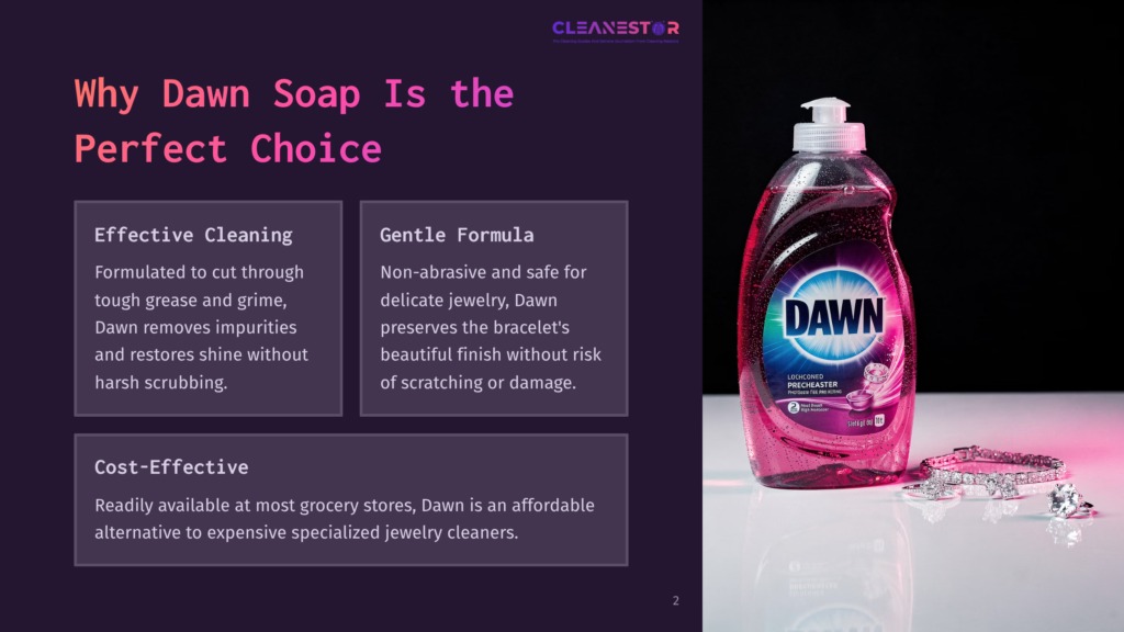 Bright Pink Bottle Of Dawn Dish Soap Beside A Sparkling Bracelet On A Dark Background, Showcasing Cleaning Benefits And Gentle Formula.