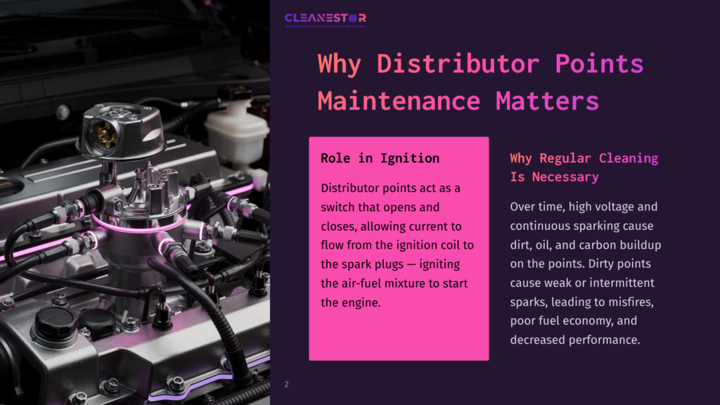 Close-Up Of A Car Engine'S Distributor Assembly With Highlighted Wiring; Text Explains The Importance Of Maintaining And Cleaning Distributor Points.