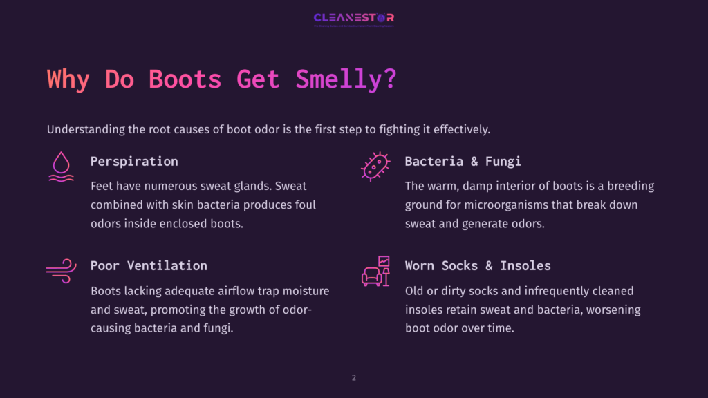 Infographic Titled &Quot;Why Do Boots Get Smelly?&Quot; Detailing Causes Like Perspiration, Bacteria &Amp; Fungi, Poor Ventilation, And Worn Socks &Amp; Insoles.