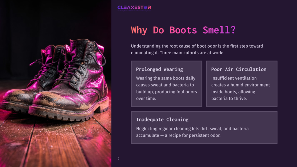 A Pair Of Worn, Dusty Brown Leather Work Boots Rest On A Rustic Wooden Surface, With A Dark, Moody Background. The Image Is Part Of A Presentation Titled &Quot;Why Do Boots Smell?&Quot;.