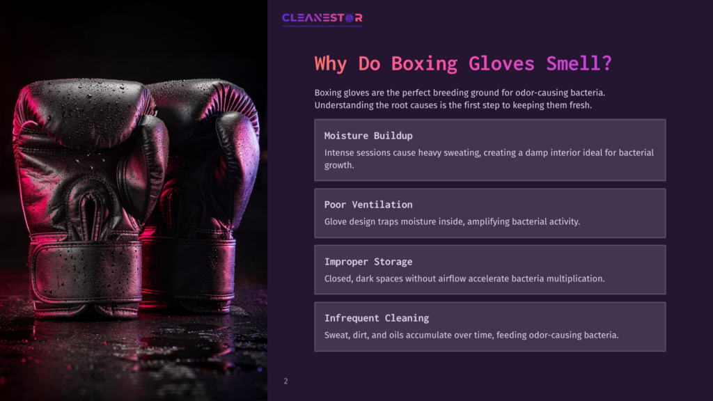 A Pair Of Black Boxing Gloves, Glistening With Moisture, Rest On A Dark, Reflective Surface, With A Purple Gradient Light Illuminating The Scene From The Right. Text On The Right Reads &Quot;Cleanestor&Quot; And &Quot;Why Do Boxing Gloves Smell?&Quot;.