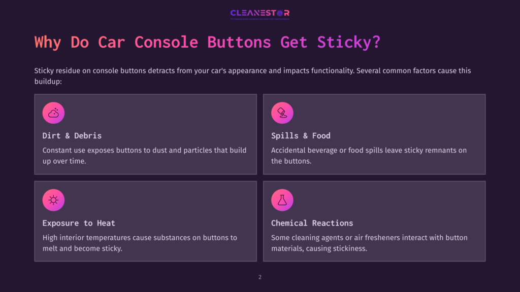 Four Text Boxes Outline Reasons For Sticky Car Console Buttons: Dirt, Food Spills, Heat Exposure, And Chemical Reactions, With Icons And Pink Accents.