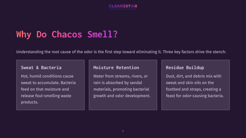 Infographic Titled &Quot;Why Do Chacos Smell?&Quot; Listing Three Factors: Sweat &Amp; Bacteria, Moisture Retention, And Residue Buildup, With Brief Descriptions For Each.