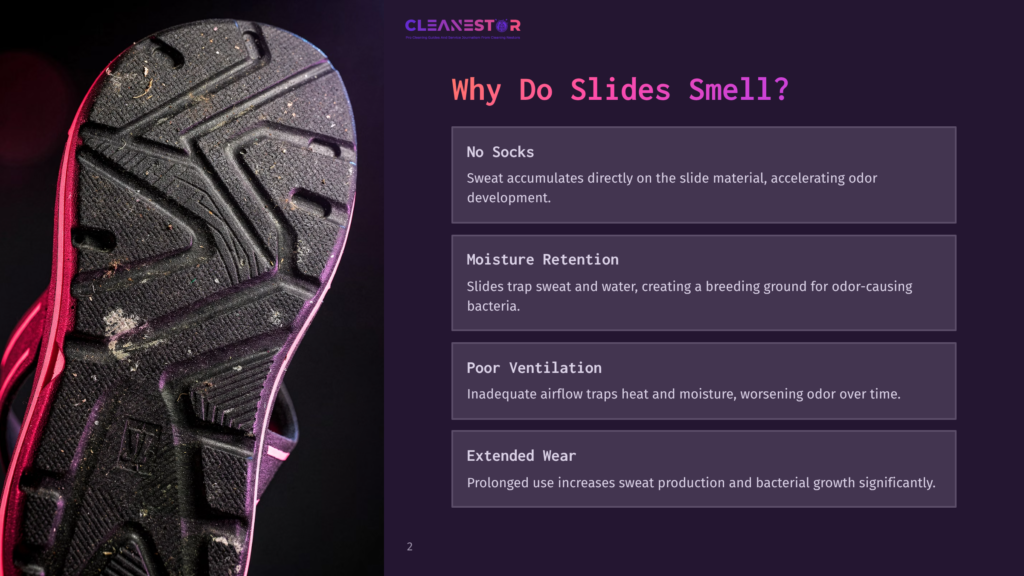 Close-Up Of A Dirty Black Sandal Sole With Deep Treads, Showing Accumulated Dirt And Grime. Text Overlay Reads &Quot;Cleanestor&Quot; And &Quot;Why Do Slides Smell?&Quot;.