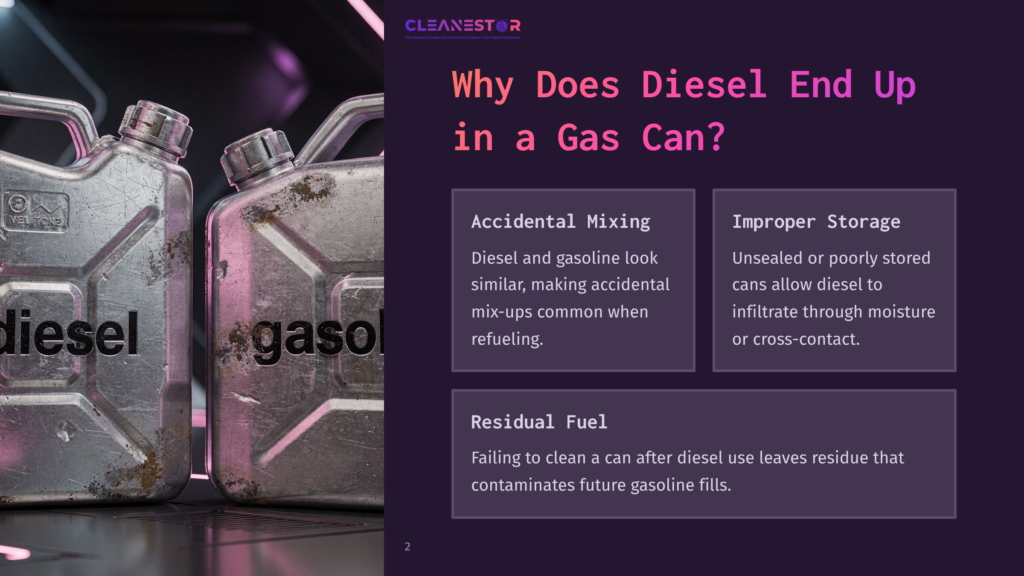 Two Metallic Gas Cans Labeled &Quot;Diesel&Quot; And &Quot;Gasoline&Quot; Are Shown, Accompanied By Text Explaining Accidental Mixing, Improper Storage, And Residual Fuel.