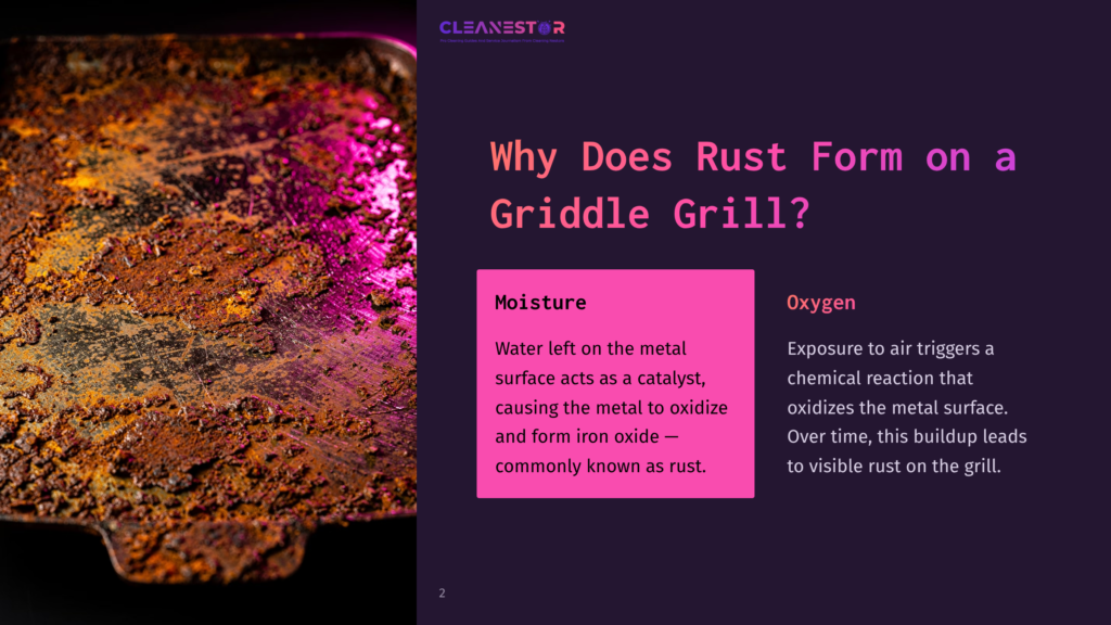 Close-Up Of A Rusty Griddle Grill Surface, With Uneven Textures And Orange-Brown Rust, Against A Dark Purple Background With Text.