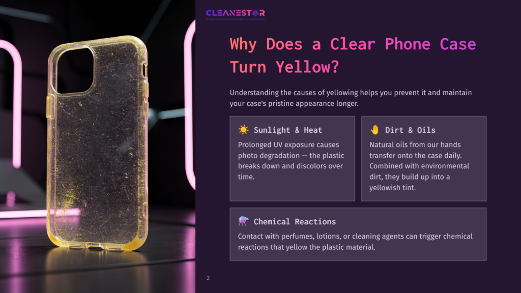 A Yellowish-Clear Phone Case On A Dark Background, With Highlighted Points About Causes Of Yellowing In Bold Text.