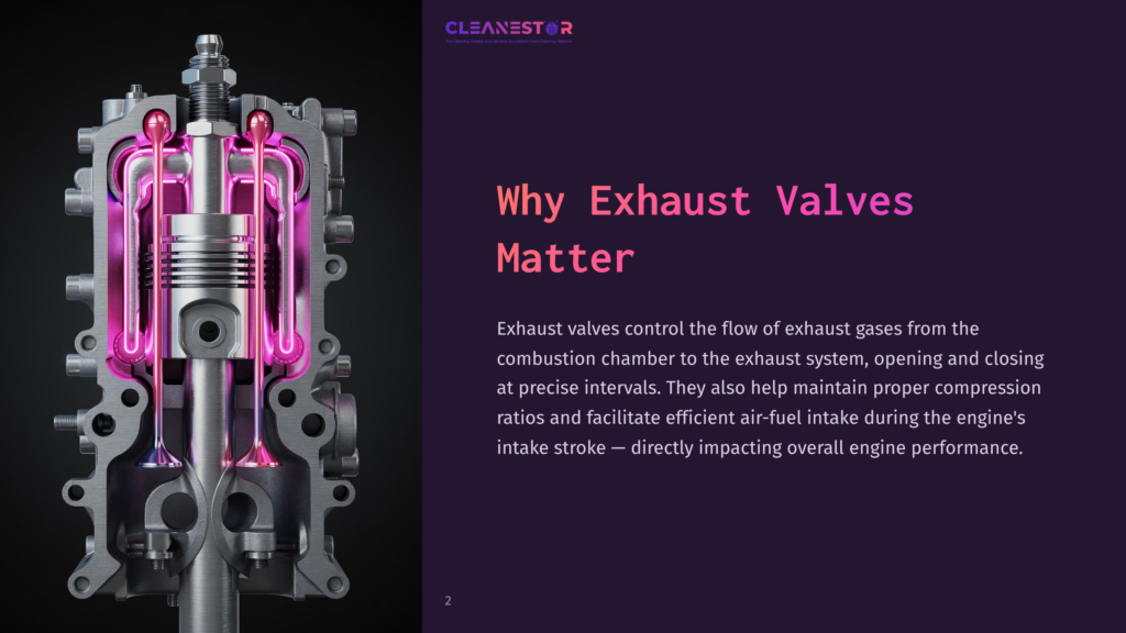 Close-Up Of A Detailed Engine Cutaway Showing A Piston, Connecting Rod, And Glowing Pink Exhaust Valves. Text Overlay Reads &Quot;Cleanestor&Quot; And &Quot;Why Exhaust Valves Matter&Quot;.