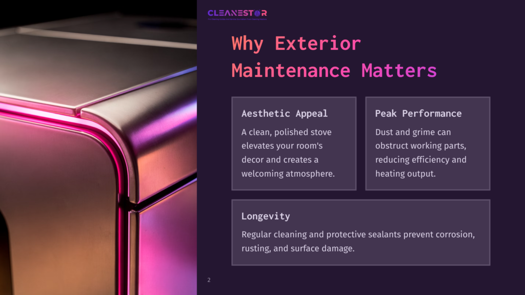 Close-Up Of A Shiny, Metallic Surface With Rounded Edges, Reflecting Vibrant Pink And Purple Light. Text Overlay Reads &Quot;Cleanestor&Quot; And &Quot;Why Exterior Maintenance Matters&Quot;, With Sections On Aesthetic Appeal, Peak Performance, And Longevity.