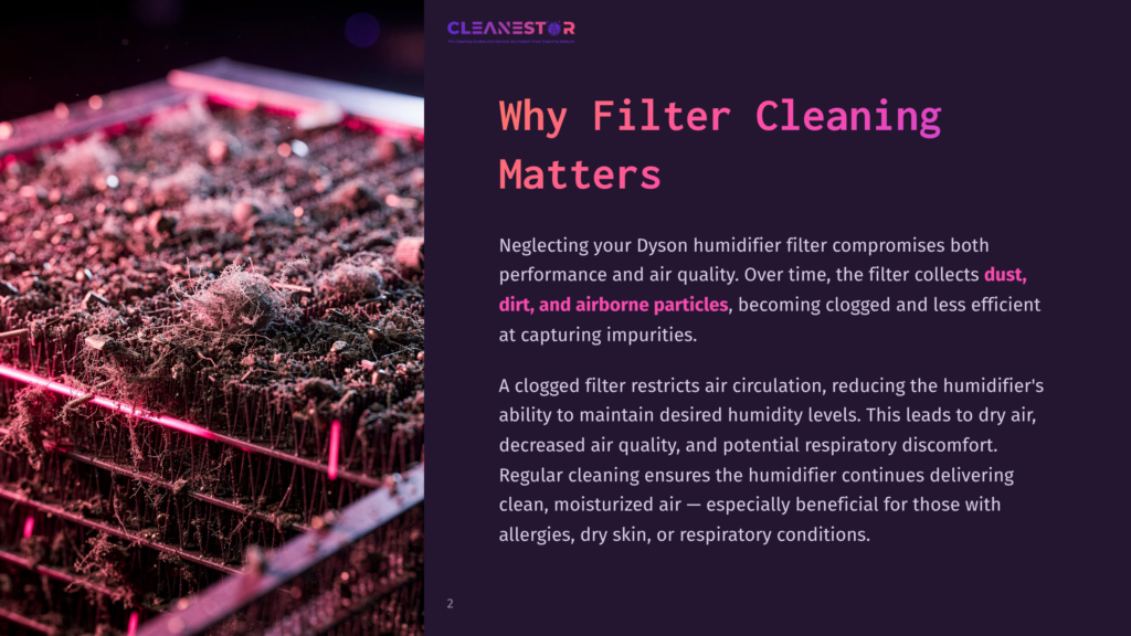 Close-Up Of A Very Dirty Dyson Humidifier Filter Clogged With Dust, Dirt, And Airborne Particles, With Pink And Purple Lighting.