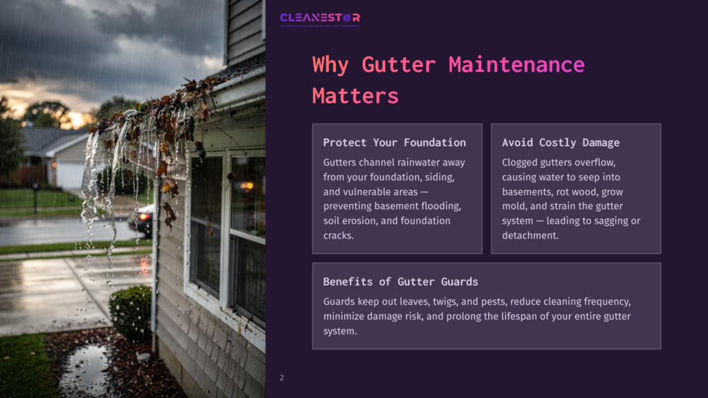 2 Why Gutter Maintenance Matters Overflowing Gutters Spill Water Onto A Home&Amp;Apos;S Foundation And Yard During A Rainstorm, Highlighting The Need For Gutter Maintenance To Prevent Costly Damage.