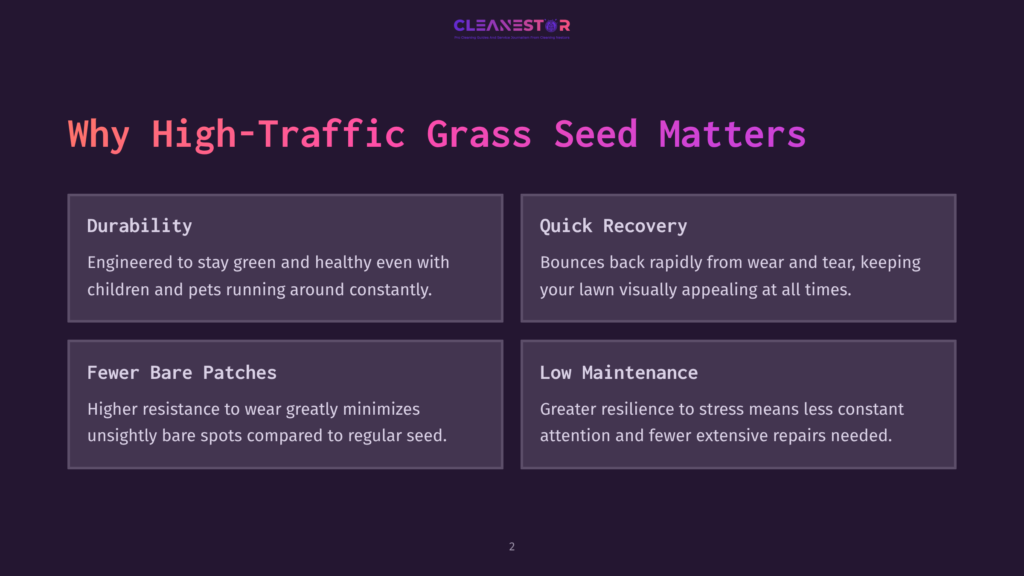 Infographic Titled &Quot;Why High-Traffic Grass Seed Matters&Quot; With Four Sections: Durability, Quick Recovery, Fewer Bare Patches, And Low Maintenance, Highlighting Benefits For Lawns With Children And Pets.