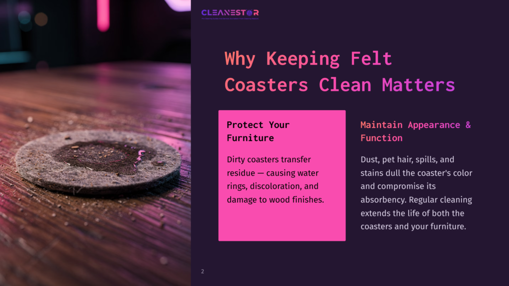 A Stained Felt Coaster On A Wooden Surface, With A Soft Focus On Surrounding Furniture And A Bright, Colorful Text Overlay.