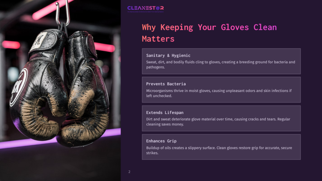 Black Kickboxing Gloves Hang On A Display, With A Purple-Lit Gym Background. Key Points About Cleaning And Maintaining Gloves Are Listed.