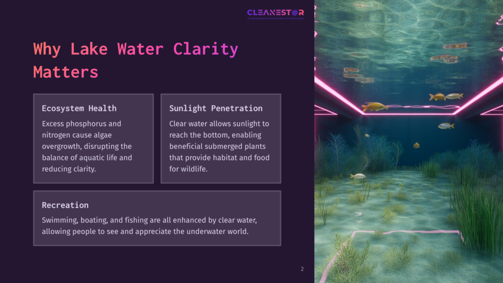 An Underwater Scene With Clear Lake Water, Showing Submerged Plants, Small Fish, And A Pink Geometric Light Installation. Text Overlay Reads: &Quot;Why Lake Water Clarity Matters.