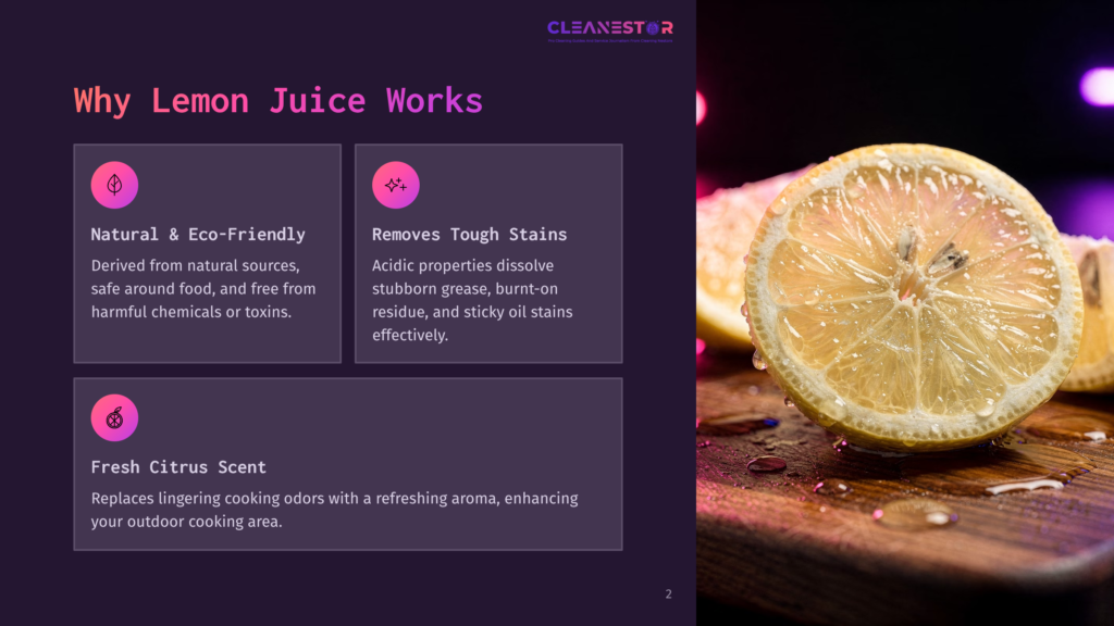 Sliced Lemon On A Wooden Surface With A Purple Background, Highlighting Its Freshness. Text Boxes List Benefits Of Lemon Juice For Cleaning.