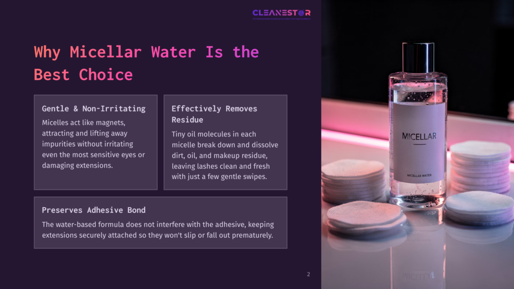 A Clear Bottle Of Micellar Water Sits On A Reflective Surface, Surrounded By Cotton Pads. The Background Features A Pink Light Gradient.