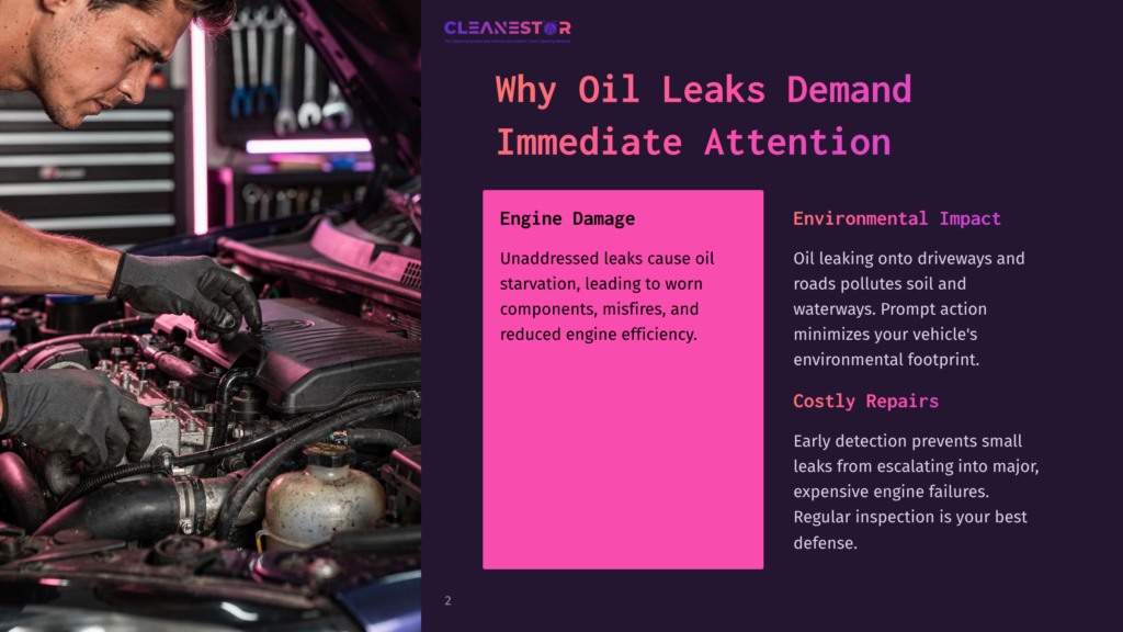 Mechanic In Gloves Working On A Car Engine, With The Text &Quot;Why Oil Leaks Demand Immediate Attention&Quot; And &Quot;Engine Damage&Quot; Visible.