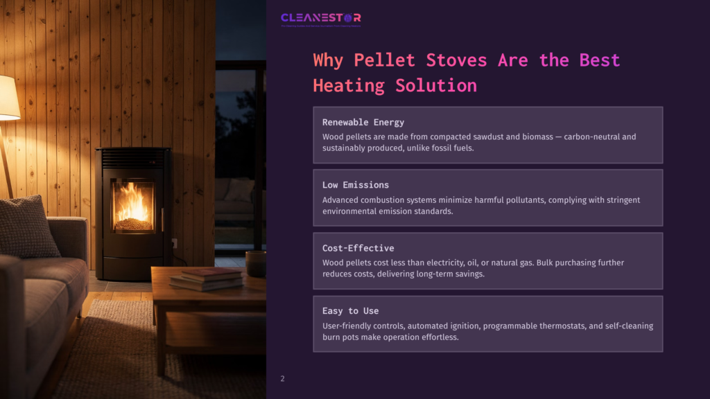A Cozy Living Room With A Modern Pellet Stove, Featuring A Warm Glow From The Fire, A Comfortable Sofa, And Ambient Lighting.