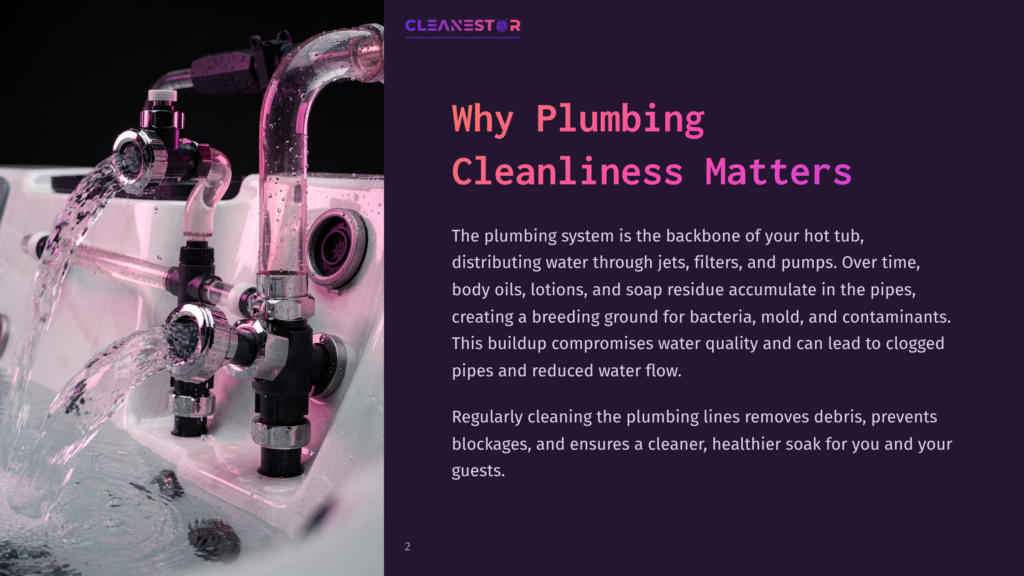 Cleanestor Logo And Text &Quot;Why Plumbing Cleanliness Matters,&Quot; With A Close-Up Of Water Jets And Chrome Plumbing In A Hot Tub.