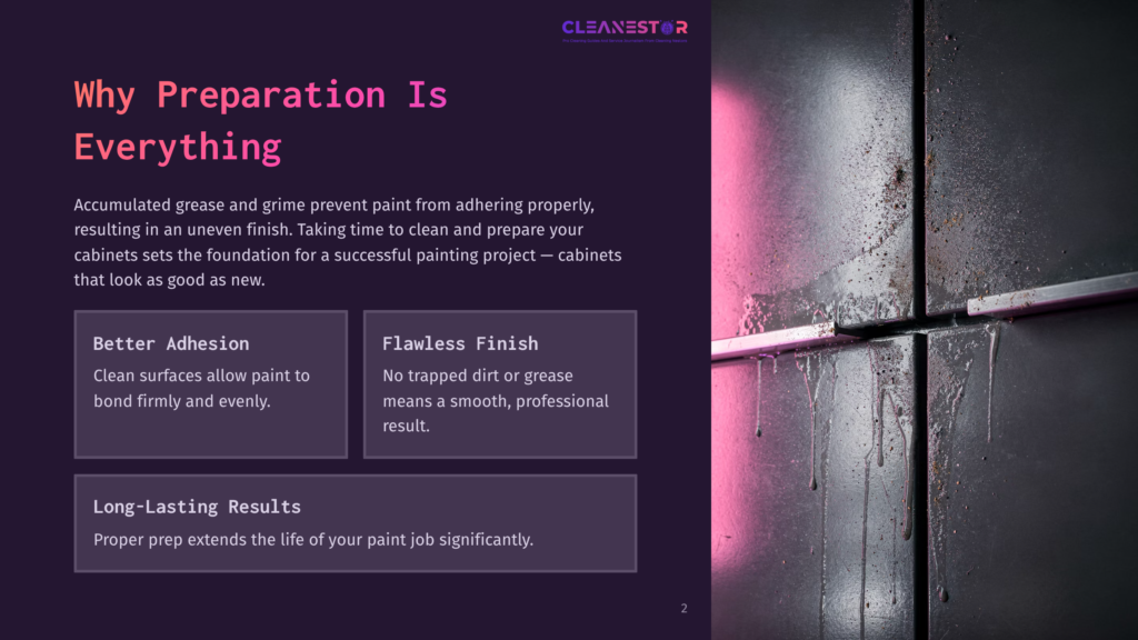 2 Why Preparation Is Everything Close-Up Of A Dark, Textured Surface With Pink Paint Splatters And Drips, Highlighting The Importance Of Preparation For A Flawless Finish On Cabinets.