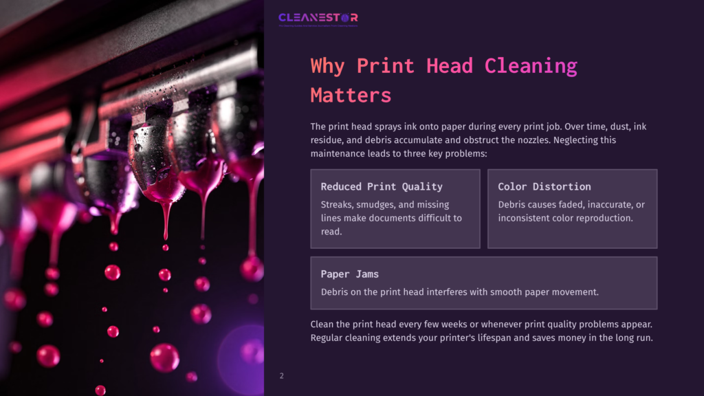 2 Why Print Head Cleaning Matters Close-Up Of A Printer Head With Pink Ink Dripping From Nozzles, Showcasing The Critical Component For Print Head Cleaning And Maintenance.