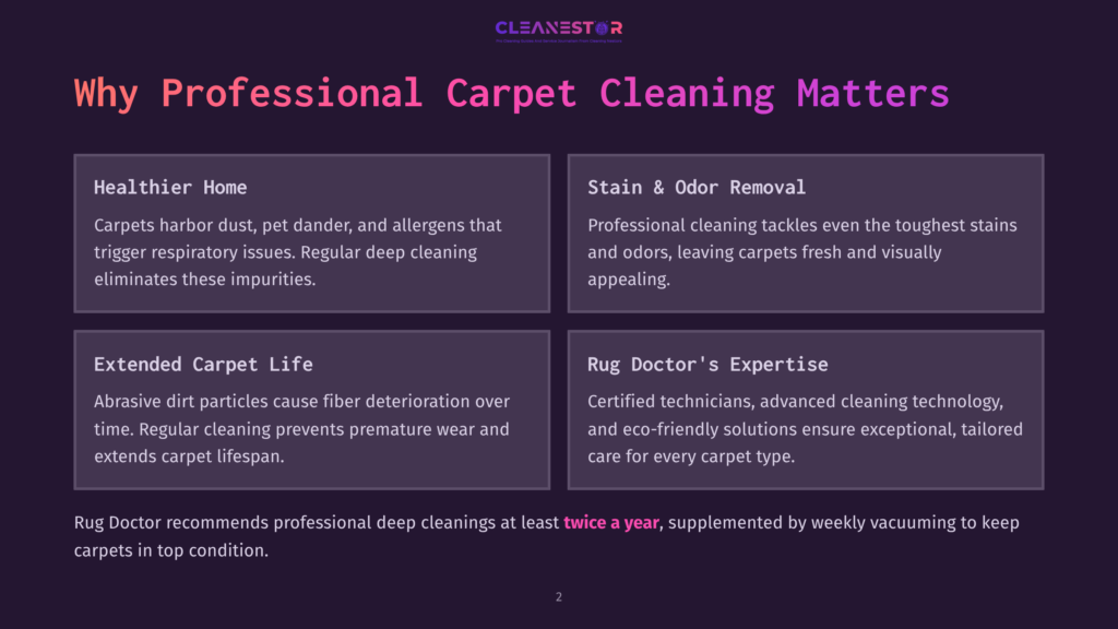2 Why Professional Carpet Cleaning Matters A Dark Purple Slide With The Title &Quot;Why Professional Carpet Cleaning Matters&Quot; And Four Sections Detailing Benefits: Healthier Home, Stain &Amp; Odor Removal, Extended Carpet Life, And Rug Doctor'S Expertise. Text Highlights Professional Cleaning For Respiratory Health, Odor Removal, Carpet Longevity, And Advanced Technology.