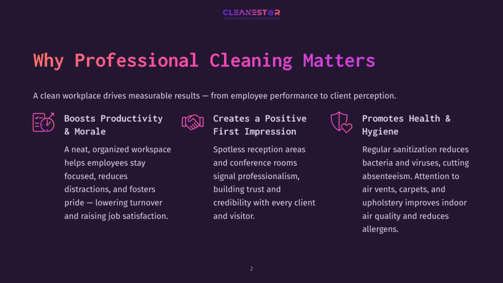 2 Why Professional Cleaning Matters Dark Purple Background With The Cleanestor Logo At The Top And The Heading &Quot;Why Professional Cleaning Matters&Quot;. Below The Heading Are Three Columns Detailing Benefits: &Quot;Boosts Productivity &Amp; Morale&Quot;, &Quot;Creates A Positive First Impression&Quot;, And &Quot;Promotes Health &Amp; Hygiene&Quot;, Each With Descriptive Text And Icons.
